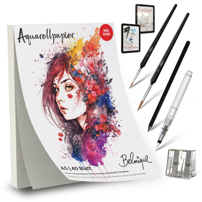 Belmique Aquarellpapier Set – rau & glatt – 300 g/m² – inkl. Videokurs & Zubehör