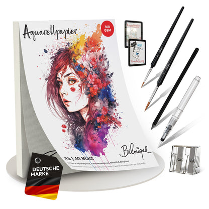 Belmique Aquarellpapier Set – rau & glatt – 300 g/m² – inkl. Videokurs & Zubehör