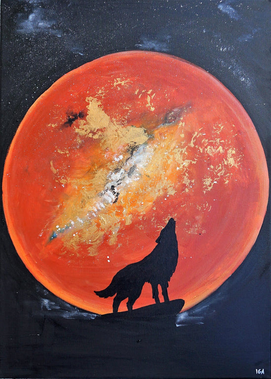 Hand-painted mural - acrylic painting wolf night 70x50x2cm